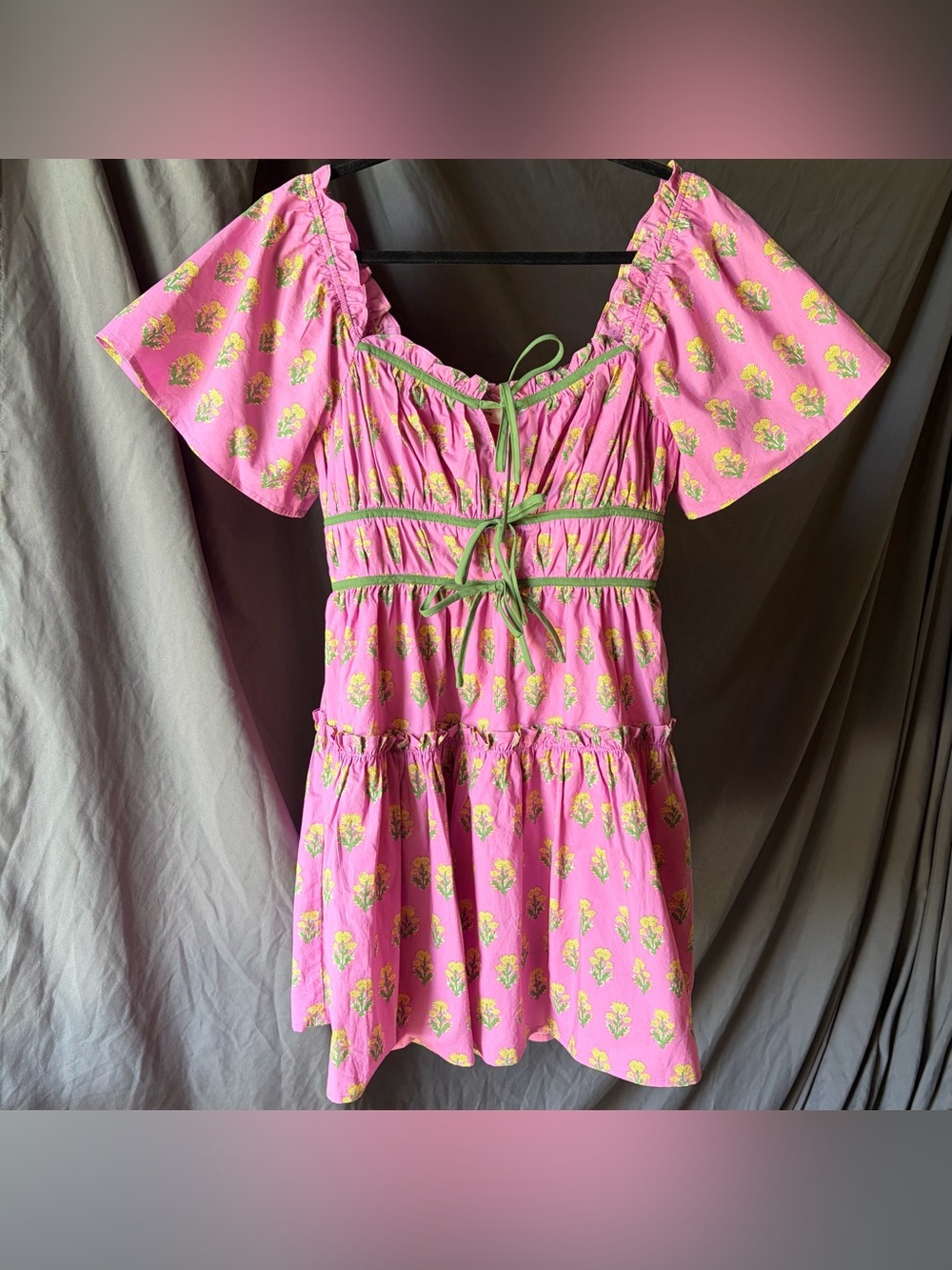 ENTRO Pink & Green Floral Mini Dress Pockets Cottagecore Flutter Sleeves Boho M